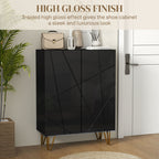 Black shoe cabinet with geometric design in a room setting, featuring text about high gloss finish.