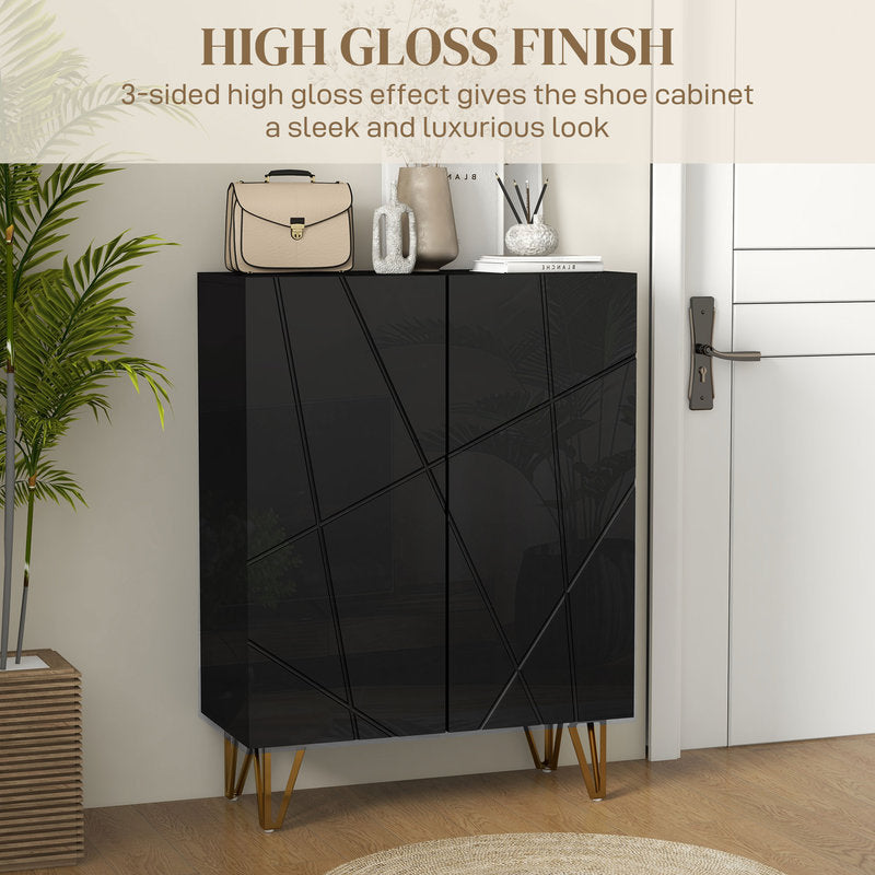 Black shoe cabinet with geometric design in a room setting, featuring text about high gloss finish.