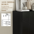 Black cabinet with decorative items and anti-tipping design illustration on a beige wall.