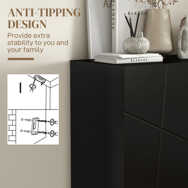 Black cabinet with decorative items and anti-tipping design illustration on a beige wall.