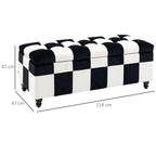 Black and white checkered ottoman with dimensions on a white background