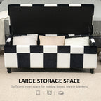 Black and white checkered storage bench with cushions on a neutral background
