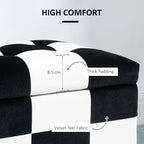 Black and white checkered ottoman with text highlighting thick padding and velvet-feel fabric.