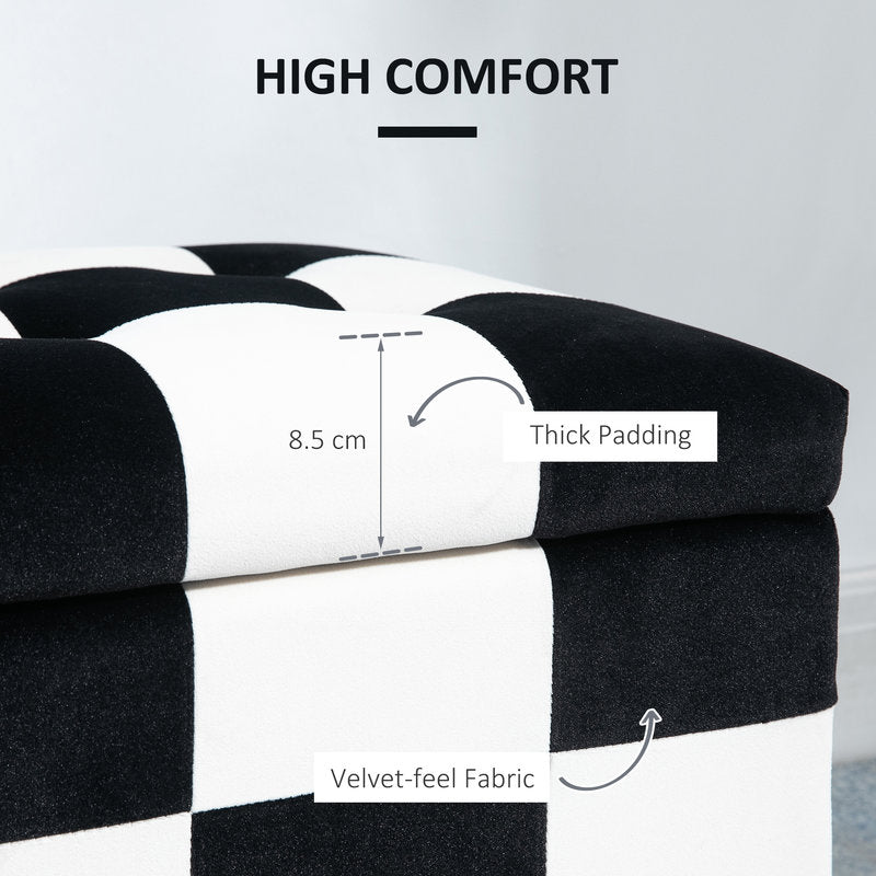 Black and white checkered ottoman with text highlighting thick padding and velvet-feel fabric.