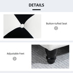 Product details of a chair with button-tufted seat and adjustable feet on a white background.