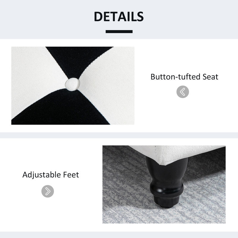 Product details of a chair with button-tufted seat and adjustable feet on a white background.
