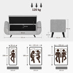 Dimensions and weight capacity of a gray sofa with illustrations of people and furniture.