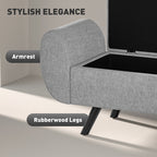 Gray storage bench with armrest and rubberwood legs on a neutral background