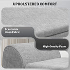 Gray upholstered product with breathable linen fabric and high-density foam text overlay