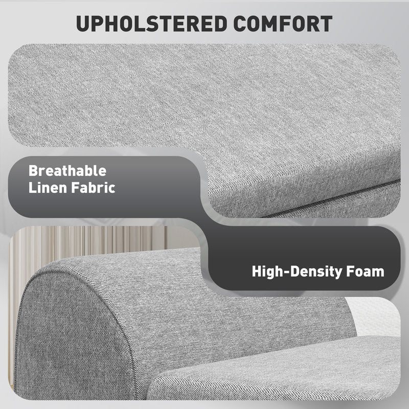 Gray upholstered product with breathable linen fabric and high-density foam text overlay