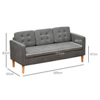 Gray sofa with dimensions marked on a white background