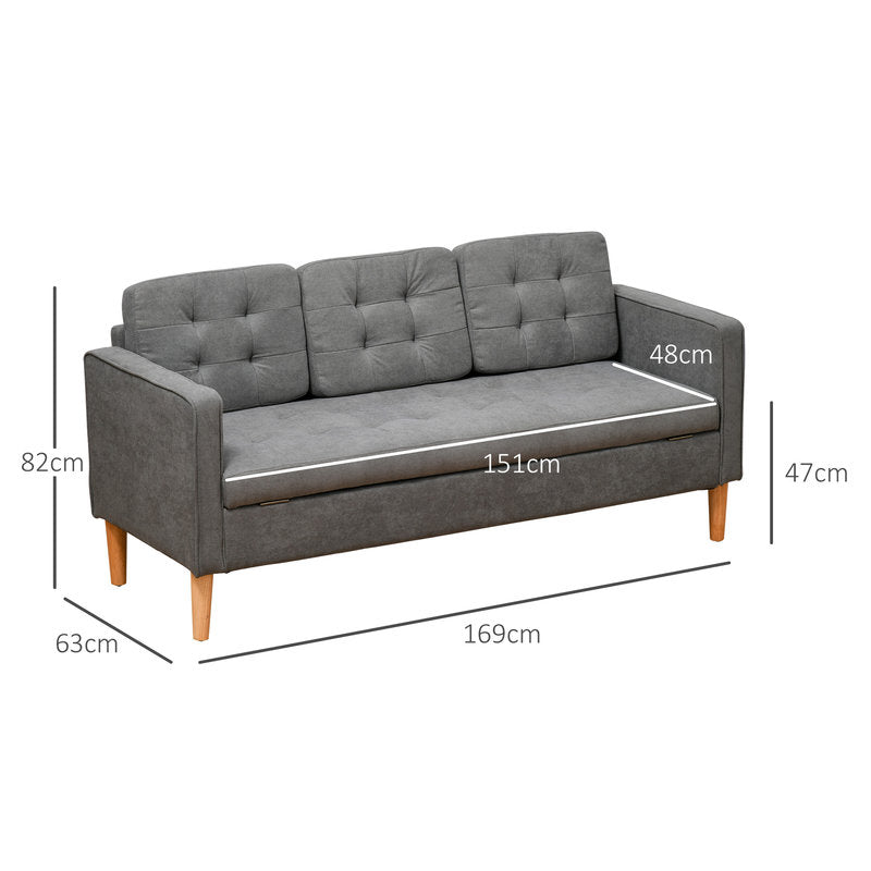 Gray sofa with dimensions marked on a white background