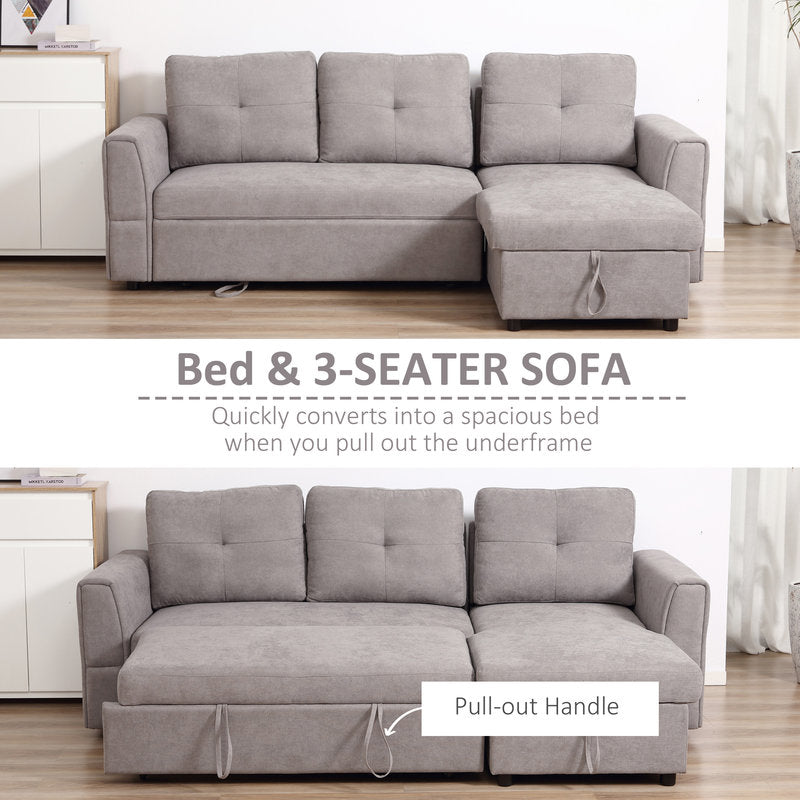 Gray sofa bed with pull-out handle in a room setting