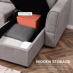 Gray sectional sofa with hidden storage compartment featuring a safety hinge.