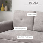 Gray sofa with text labels highlighting features like tufted details, skin-friendly fabric, and thick padding seat.