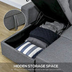Gray chaise lounge with hidden storage space filled with clothes and a pillow.