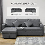 Gray L-shaped sofa in a room with a rug and curtains, showing customizable layout options.