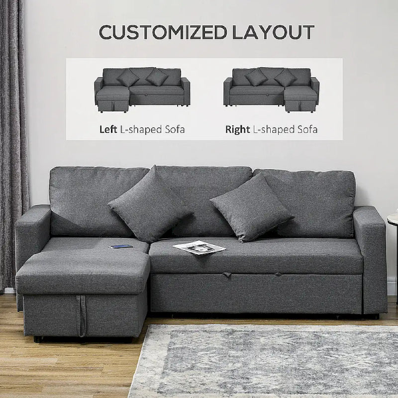 Gray L-shaped sofa in a room with a rug and curtains, showing customizable layout options.