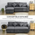 Gray convertible sofa bed in a living room setting with text explaining its functionality.