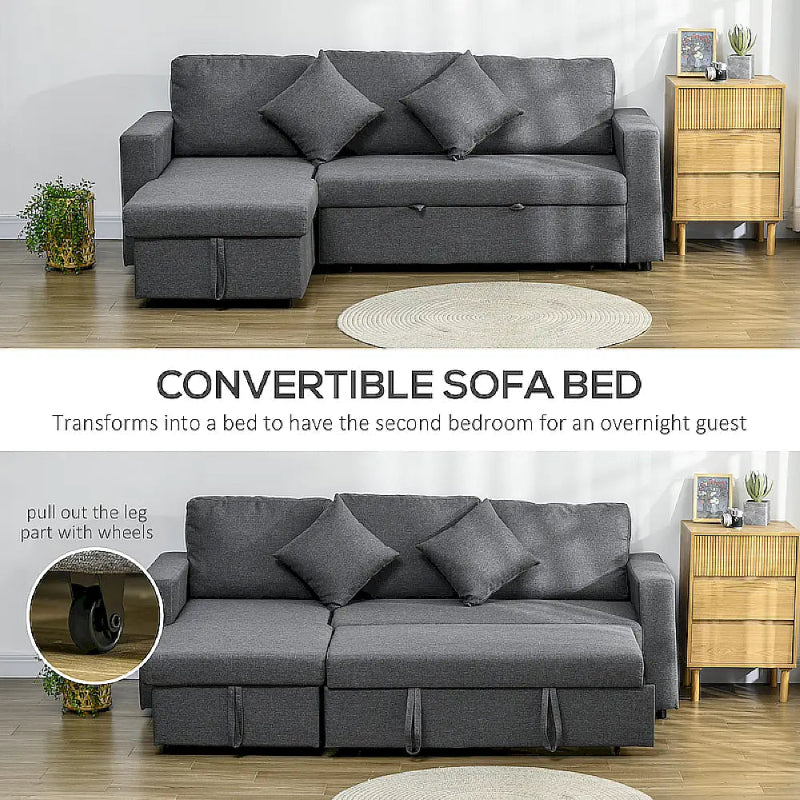 Gray convertible sofa bed in a living room setting with text explaining its functionality.
