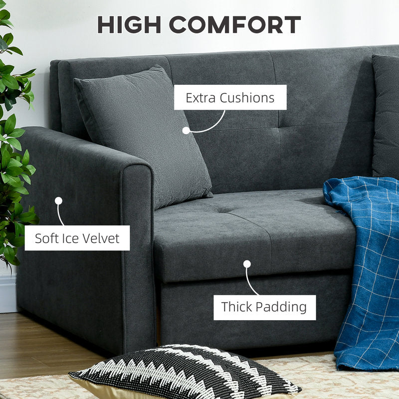 Gray sofa with features highlighted, including extra cushions, soft ice velvet, and thick padding, in a home setting.