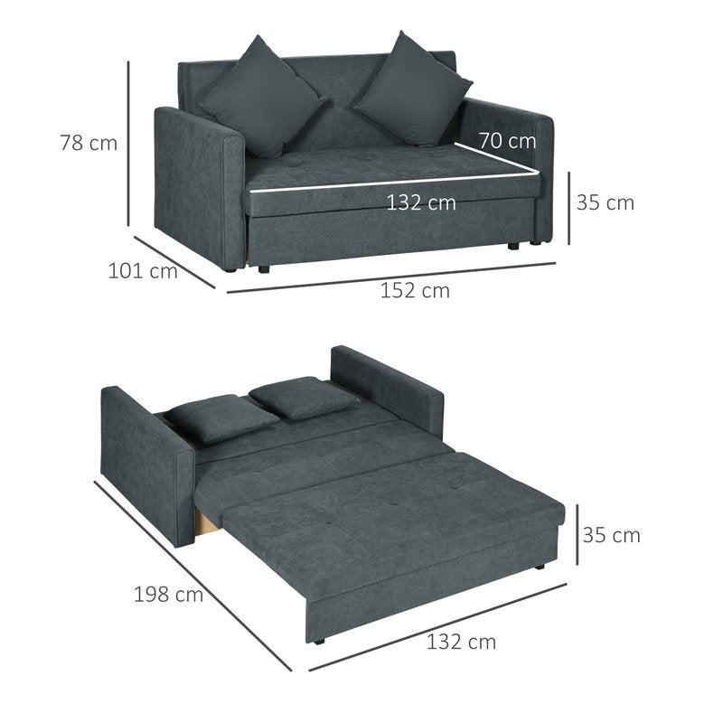 Gray sofa bed with dimensions labeled on a white background