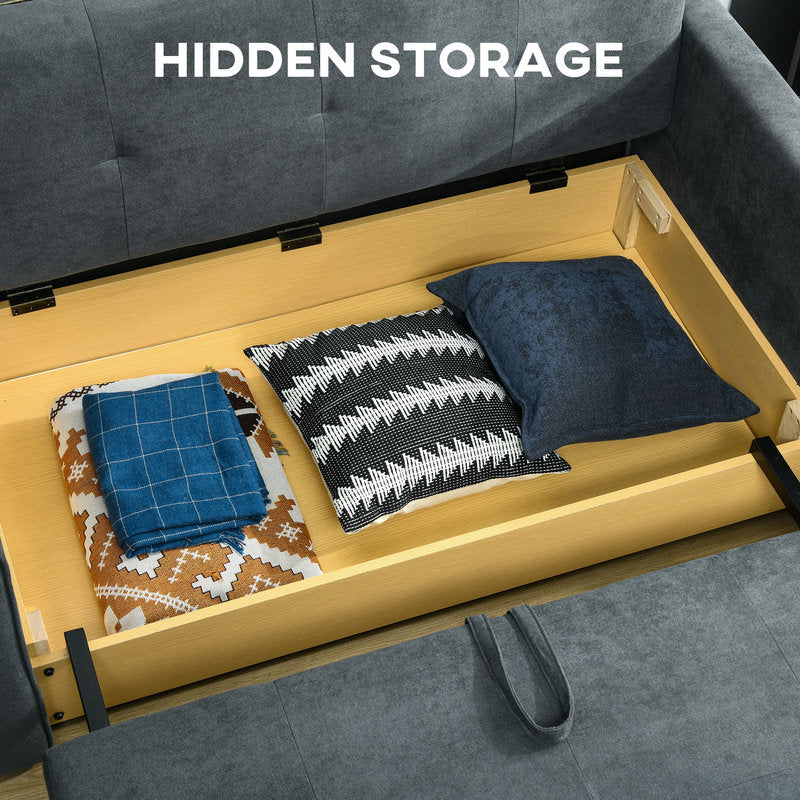 Hidden storage compartment in a sofa with cushions and blankets.