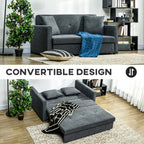 Gray convertible sofa in a living room setting with a plant and rug.