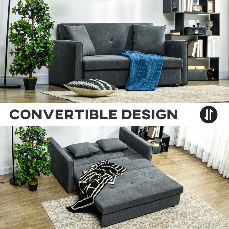 Gray convertible sofa in a living room setting with a plant and rug.