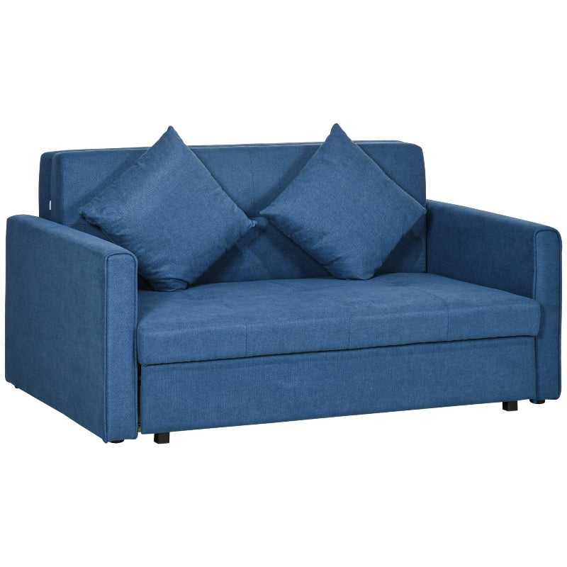 Blue sofa with two cushions on a white background