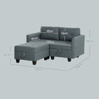 Gray sectional sofa with dimensions marked on a light gray background