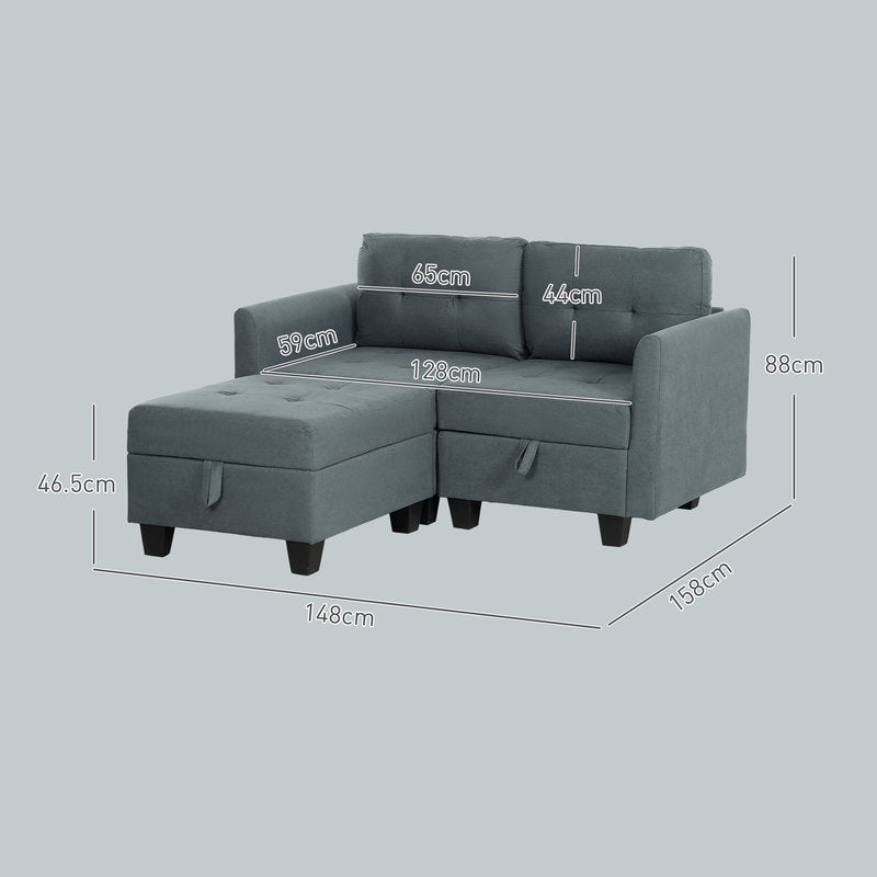 Gray sectional sofa with dimensions marked on a light gray background