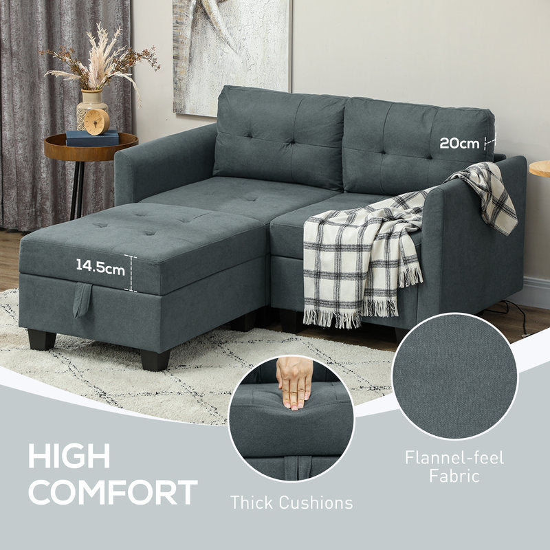 Gray sectional sofa with thick cushions, flannel-feel fabric, and a plaid blanket in a living room setting.