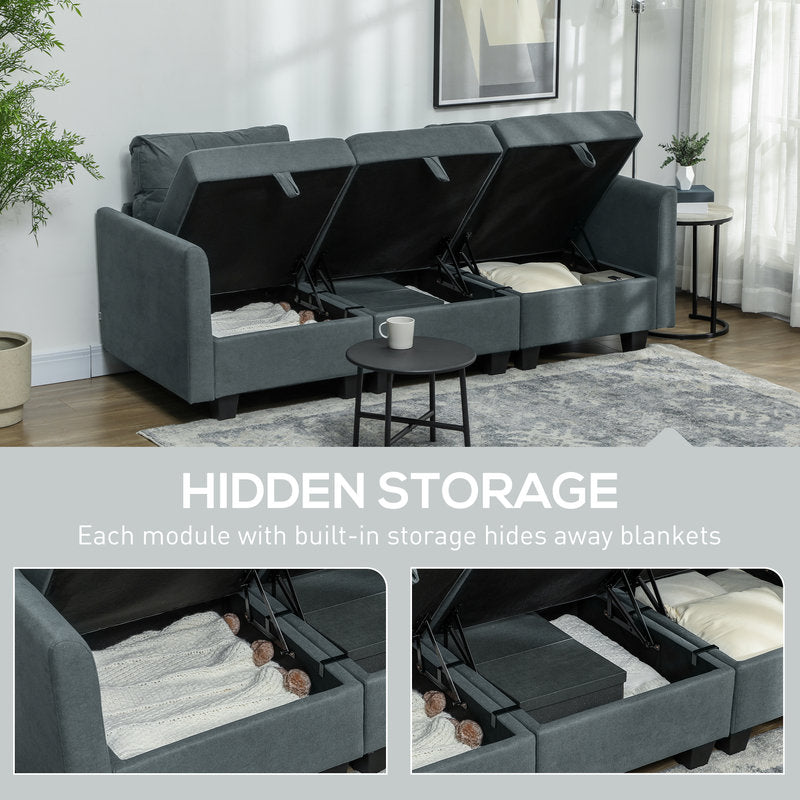 Gray sectional sofa with hidden storage compartments in a living room setting.