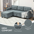 Gray sectional sofa with thick cushions, flannel-feel fabric, and a hand holding a cushion in a room setting.