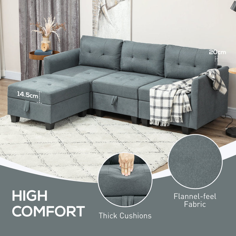 Gray sectional sofa with thick cushions, flannel-feel fabric, and a hand holding a cushion in a room setting.