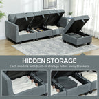 Gray sectional sofa with hidden storage compartments in a living room setting.