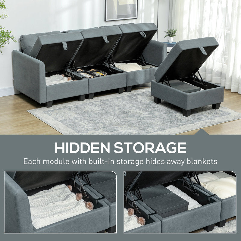 Gray sectional sofa with hidden storage compartments in a living room setting.