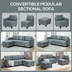 Convertible modular sectional sofa with various configurations on a gray background