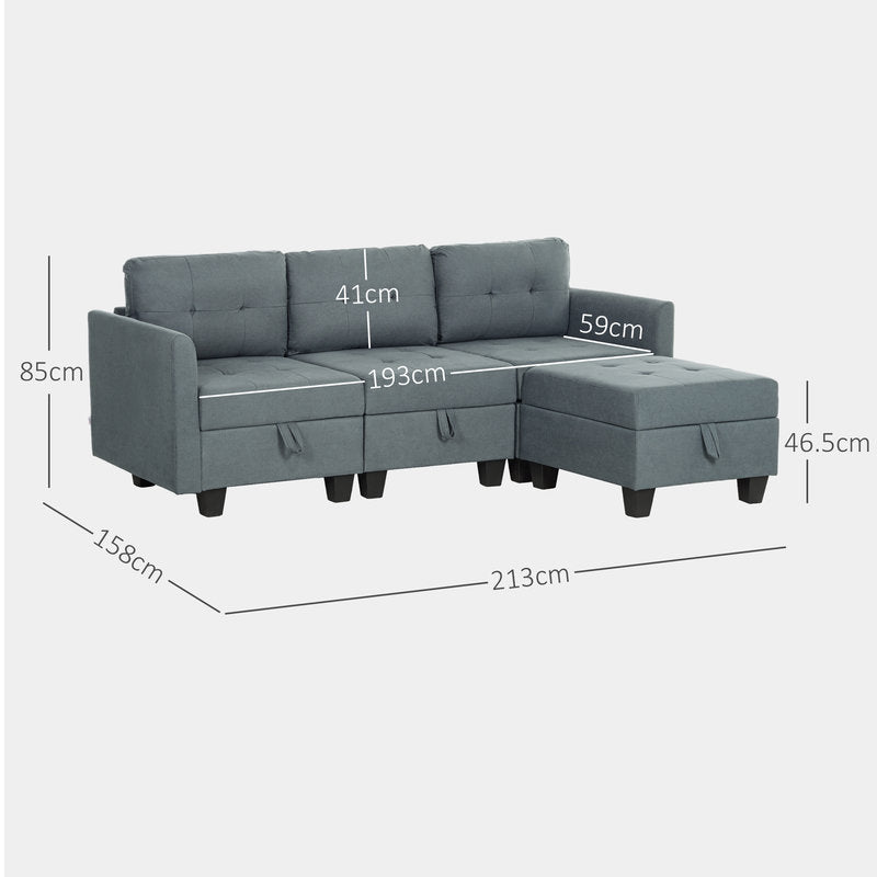 Gray sectional sofa with dimensions marked on a white background