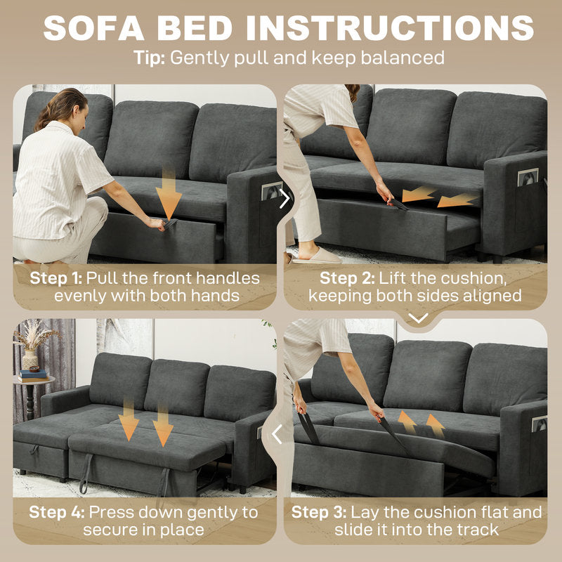 Instructions for converting a sofa bed with images and text steps.