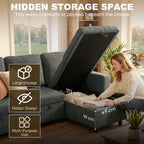 Gray sectional sofa with hidden storage space, woman retrieving blankets, text and icons highlighting features.