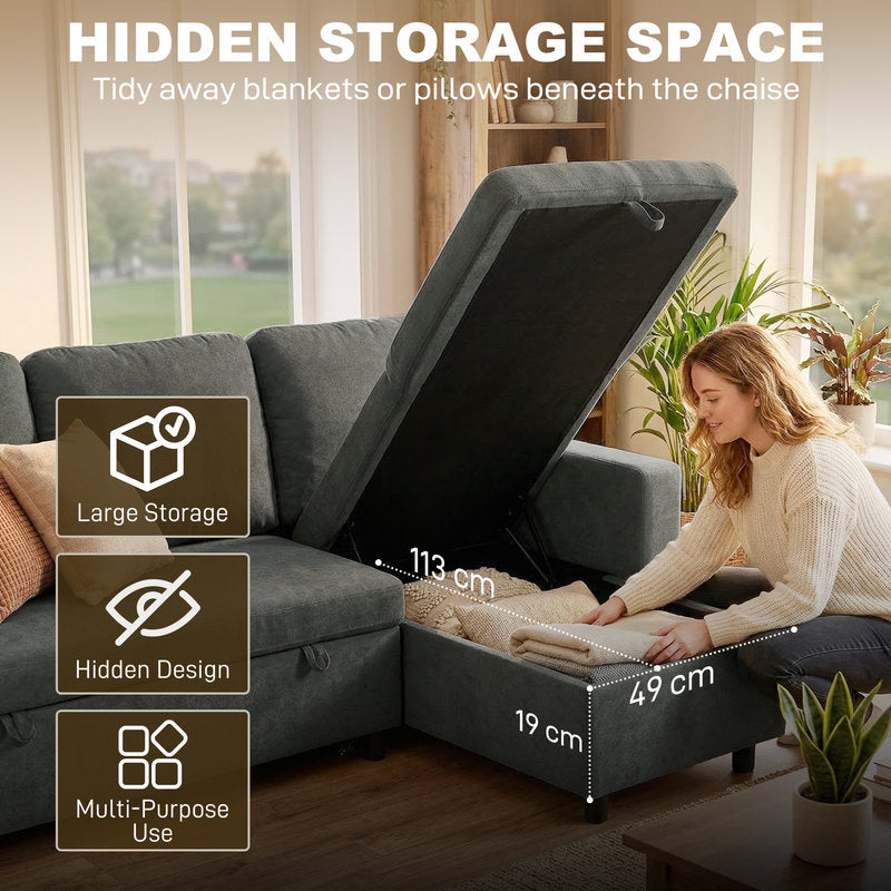 Gray sectional sofa with hidden storage space, woman retrieving blankets, text and icons highlighting features.