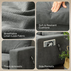 Collage of gray sofa features including fabric texture, cushions, armrests, and side pockets.