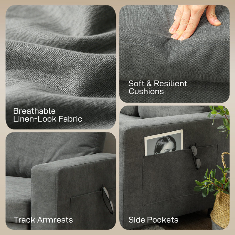 Collage of gray sofa features including fabric texture, cushions, armrests, and side pockets.