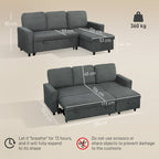 Gray sectional sofa with measurements and usage instructions on a beige background