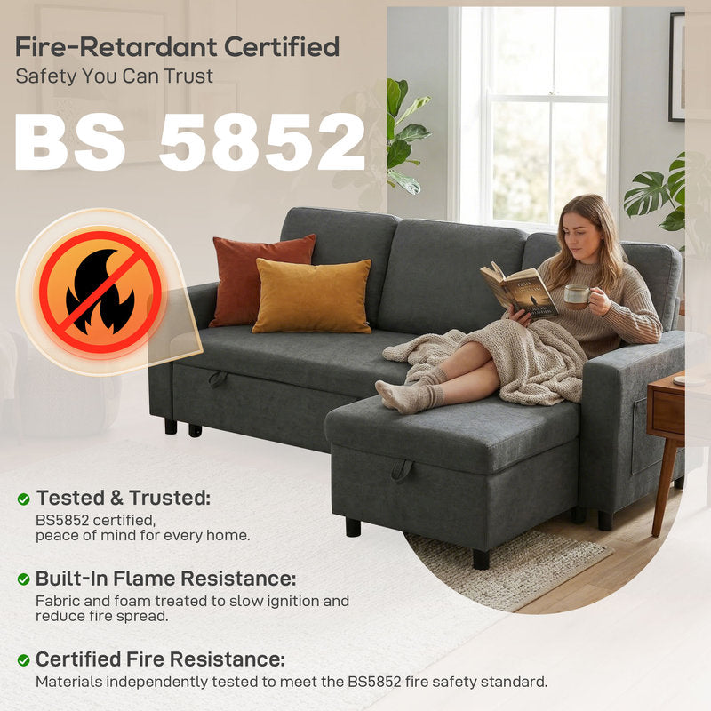 Gray sectional sofa with a woman reading a book, featuring fire-retardant certification details.