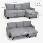 Gray sectional sofa with measurements and weight capacity displayed