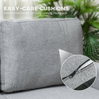 Gray cushion with text about easy-care cushions and a close-up of a zipper.