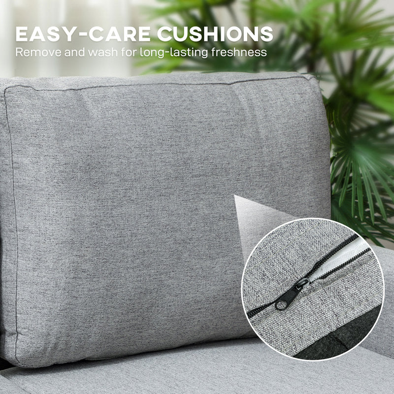 Gray cushion with text about easy-care cushions and a close-up of a zipper.